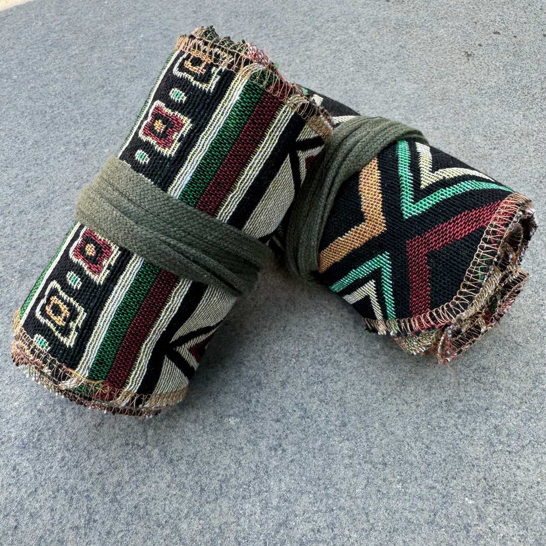 Green Aztec-patterned cotton leg wraps for LARP or medieval costumes.
