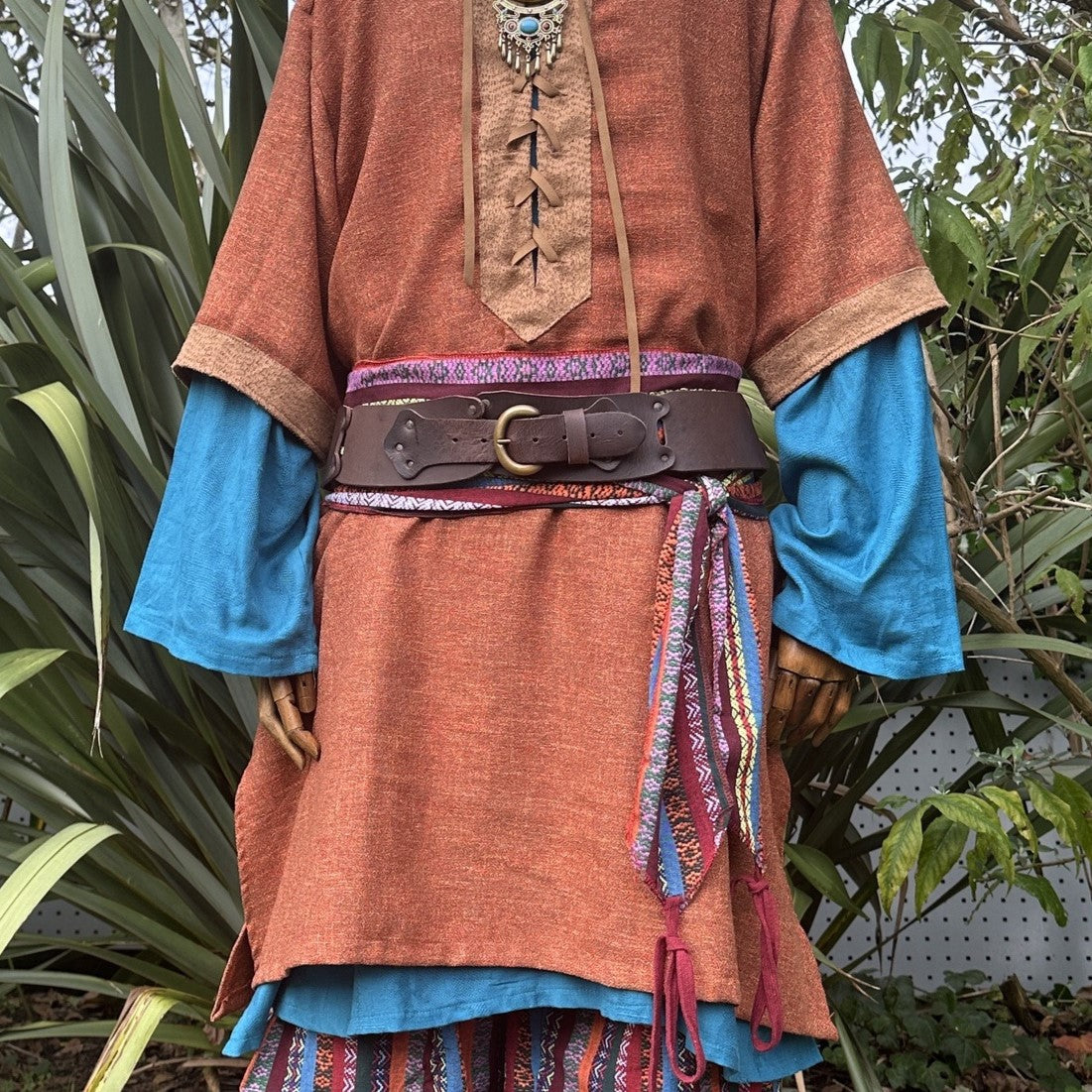 LARP belt and sash set in red multi-pattern, buffalo leather, front view.