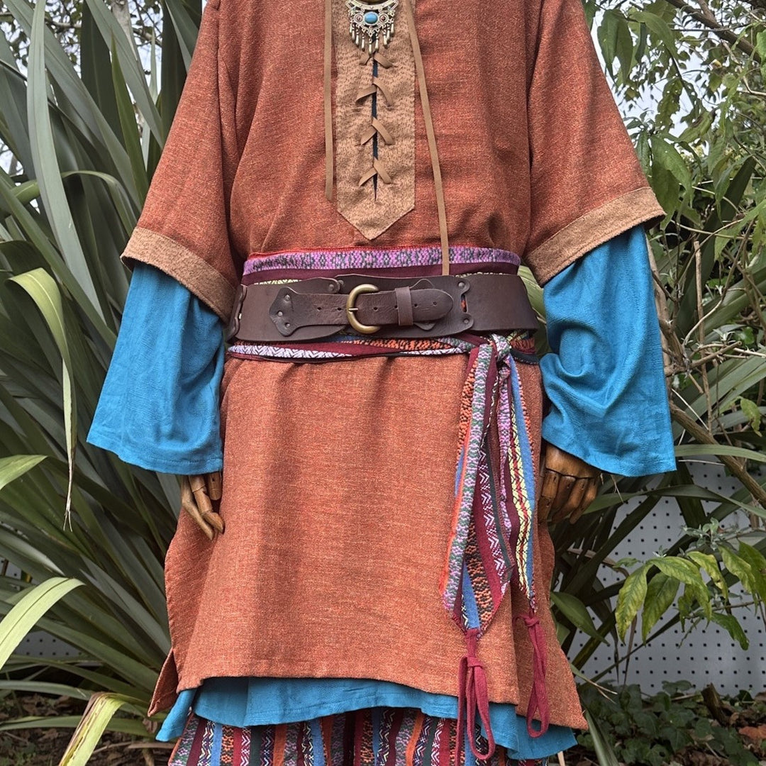 LARP belt and sash set in red multi-pattern, buffalo leather, front view.