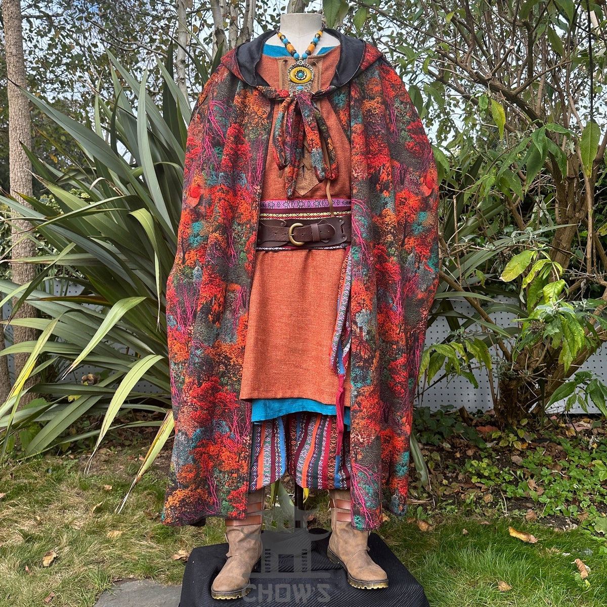 Autumn Druid LARP set with vibrant cloak and earthy tunic.