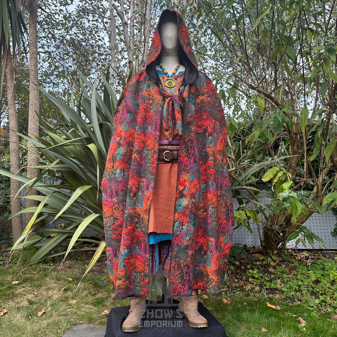 Front view of hooded Autumn Druid Cloak with fur trim, medieval fantasy LARP costume for.