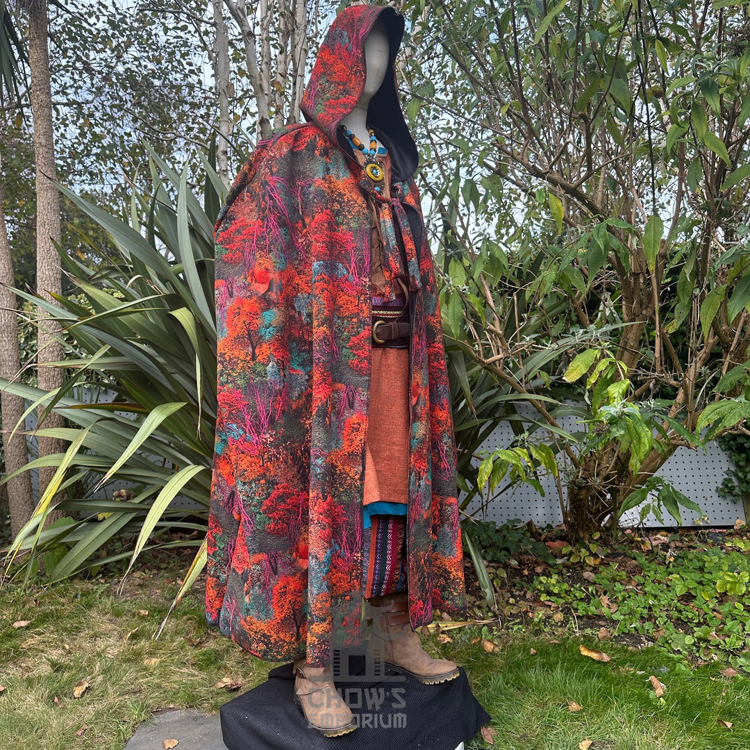 Autumn druid LARP set with colorful cloak, tunic, trousers, sash.