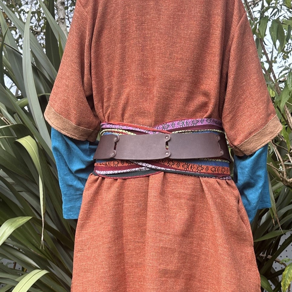 LARP belt and sash set, back view, red multi-pattern, buffalo leather.