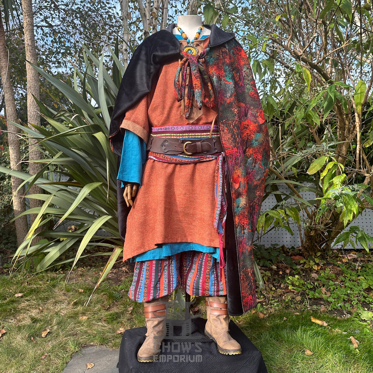 Autumn druid LARP costume, side angle with vibrant cloak and tunic details.