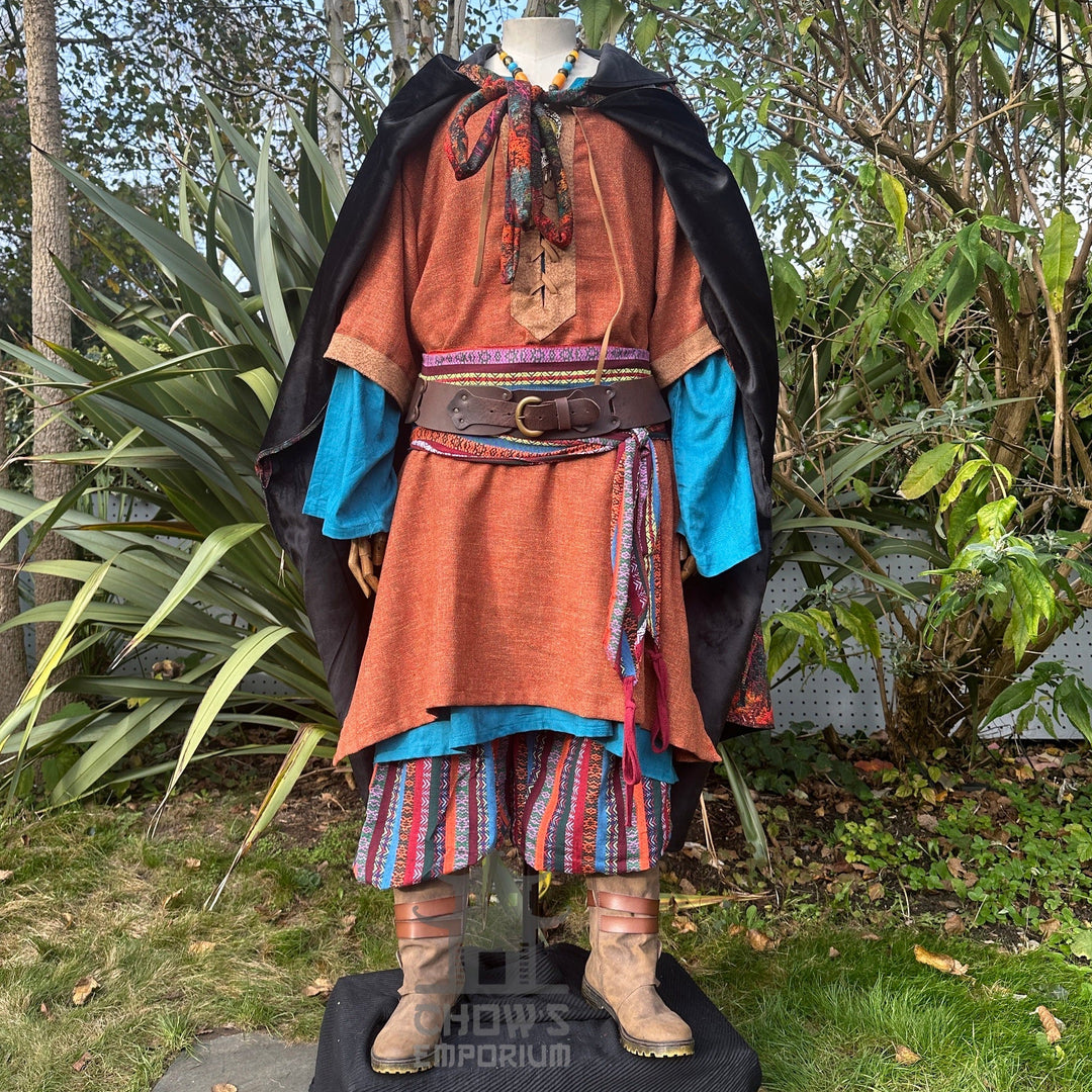 Autumn Druid LARP set with brown cloak, rust tunic, striped trousers, and blue sash.