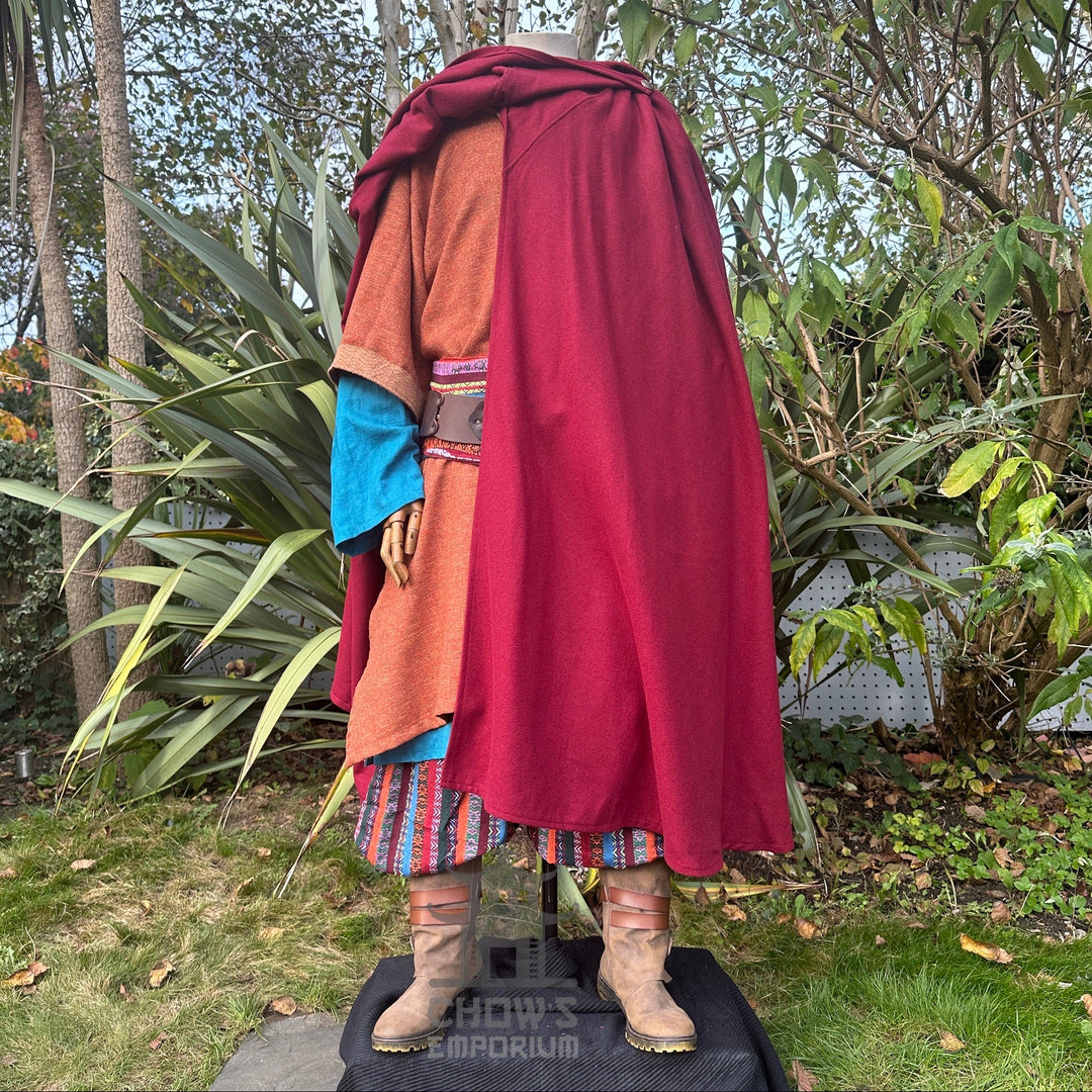 Front view of red wool LARP cloak, medieval fantasy cosplay costume for wizards, nobles, or.