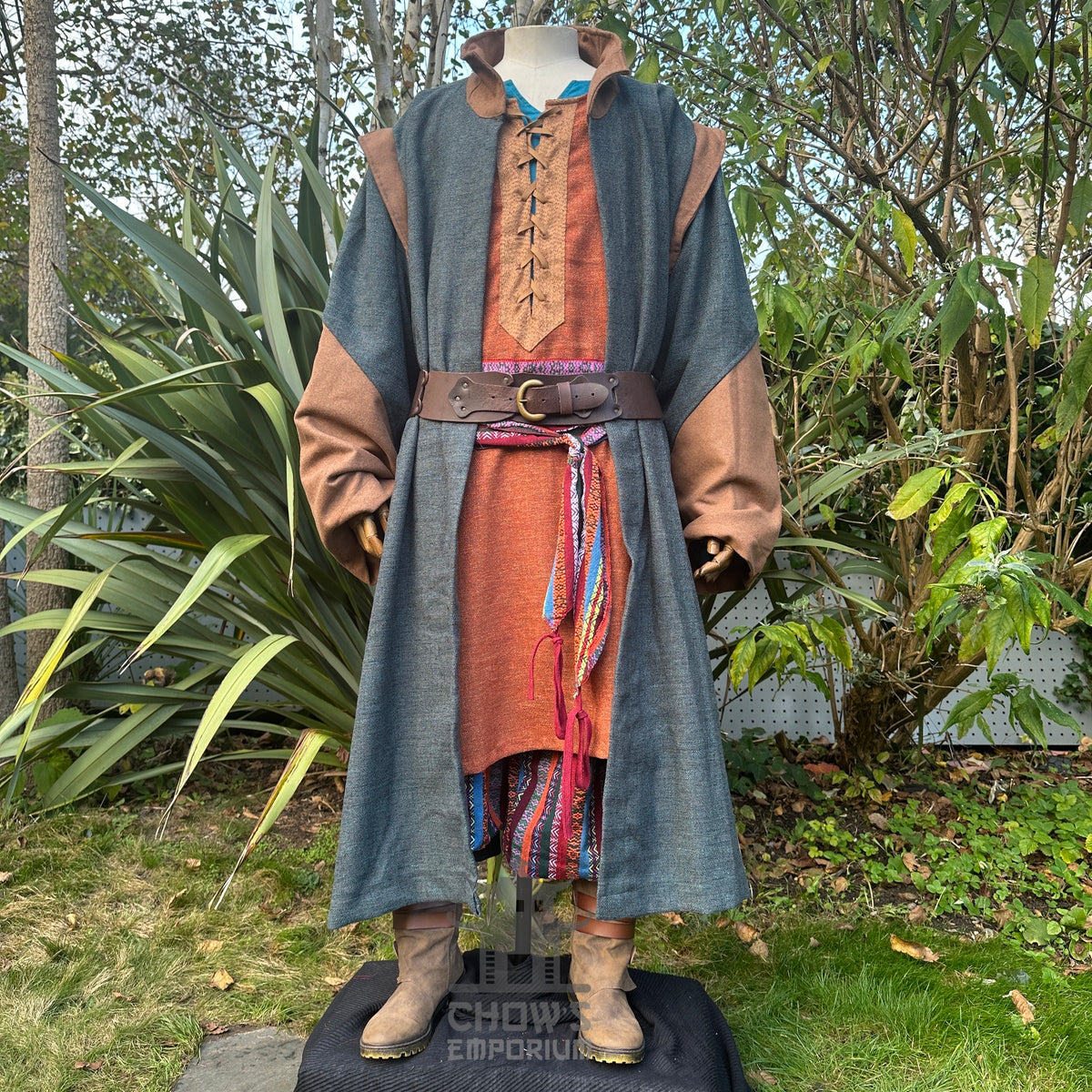 Druid costume with colourful sash, front view, for medieval LARP events.