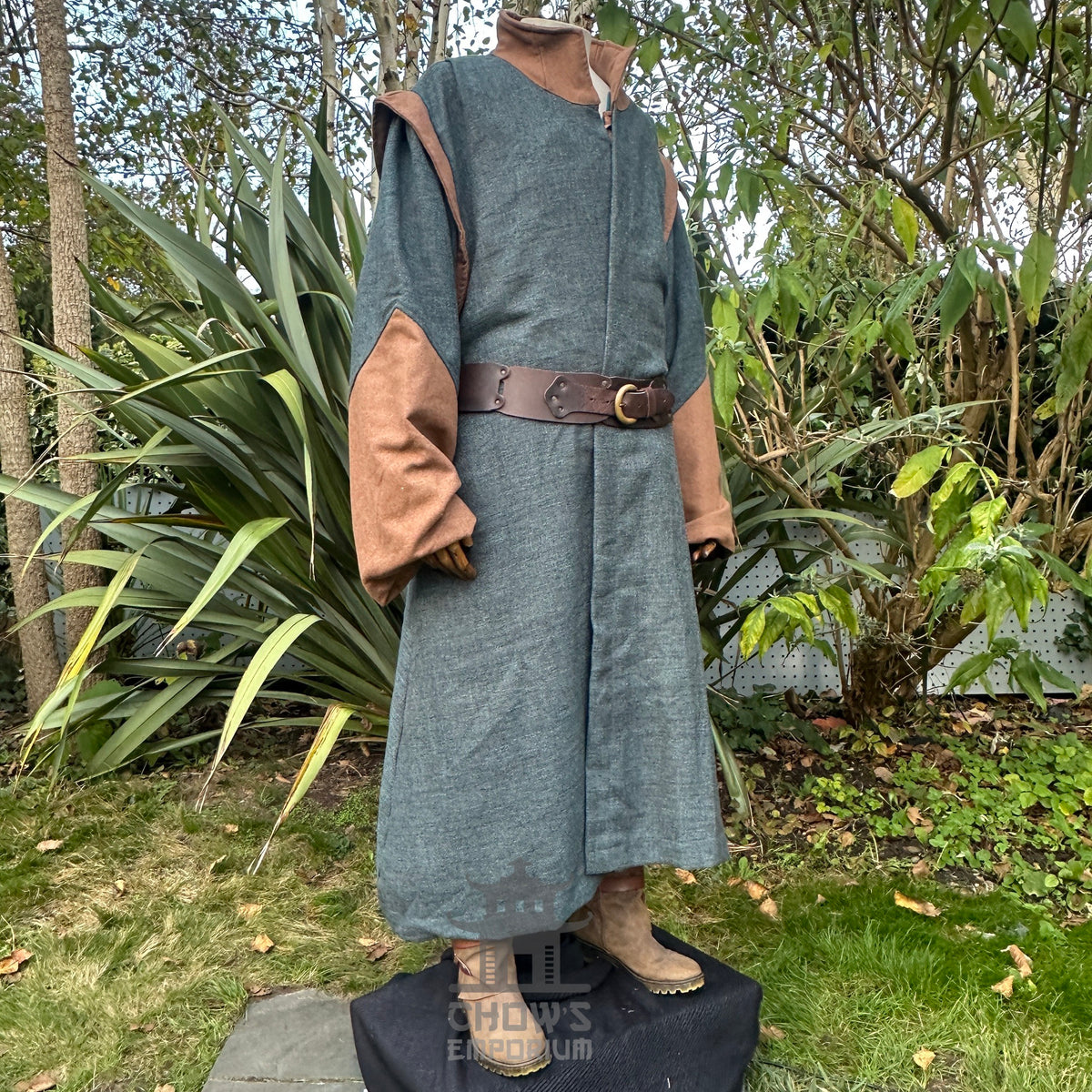 LARP costume front view with green robe, brown sleeves, leather belt.