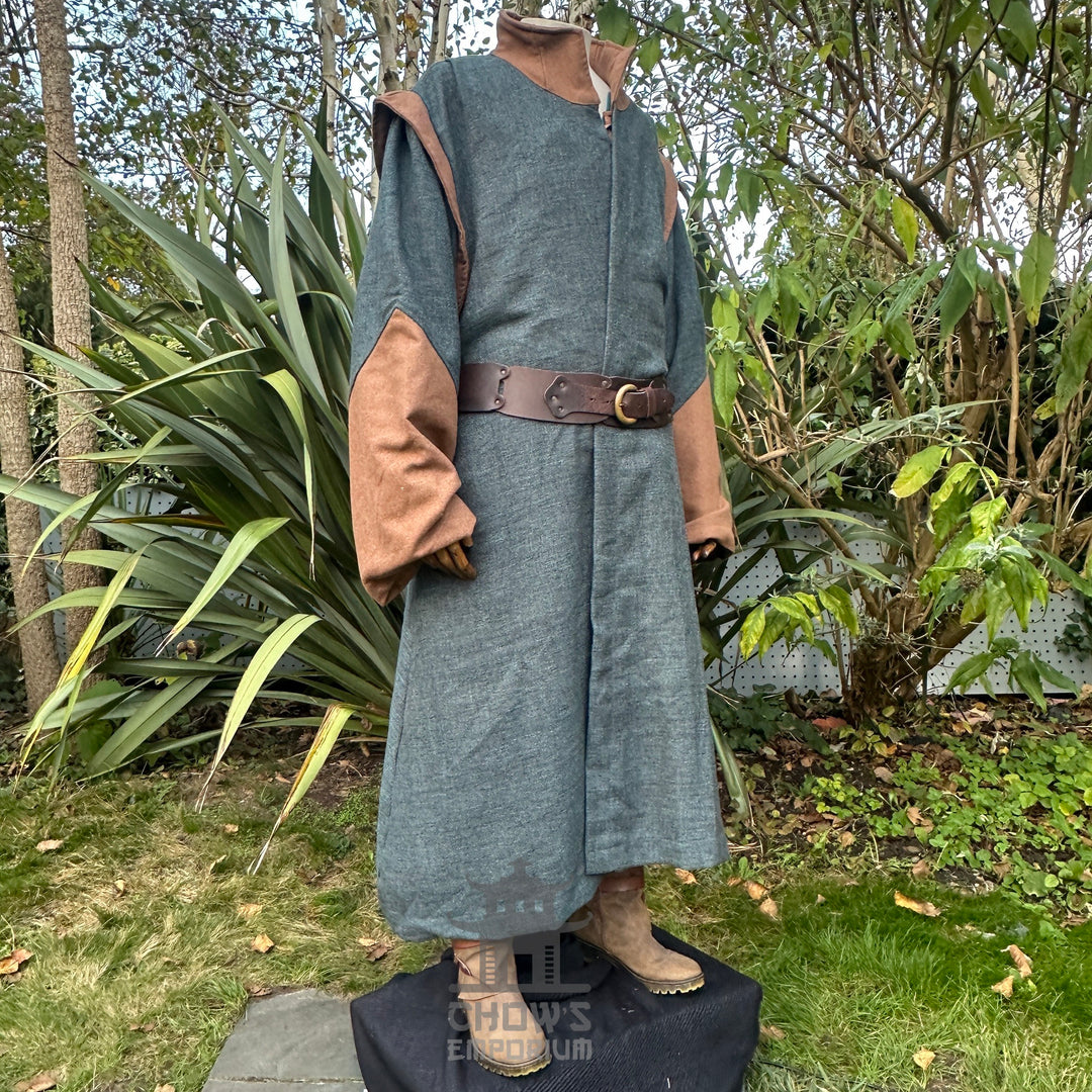 LARP costume front view with green robe, brown sleeves, leather belt.