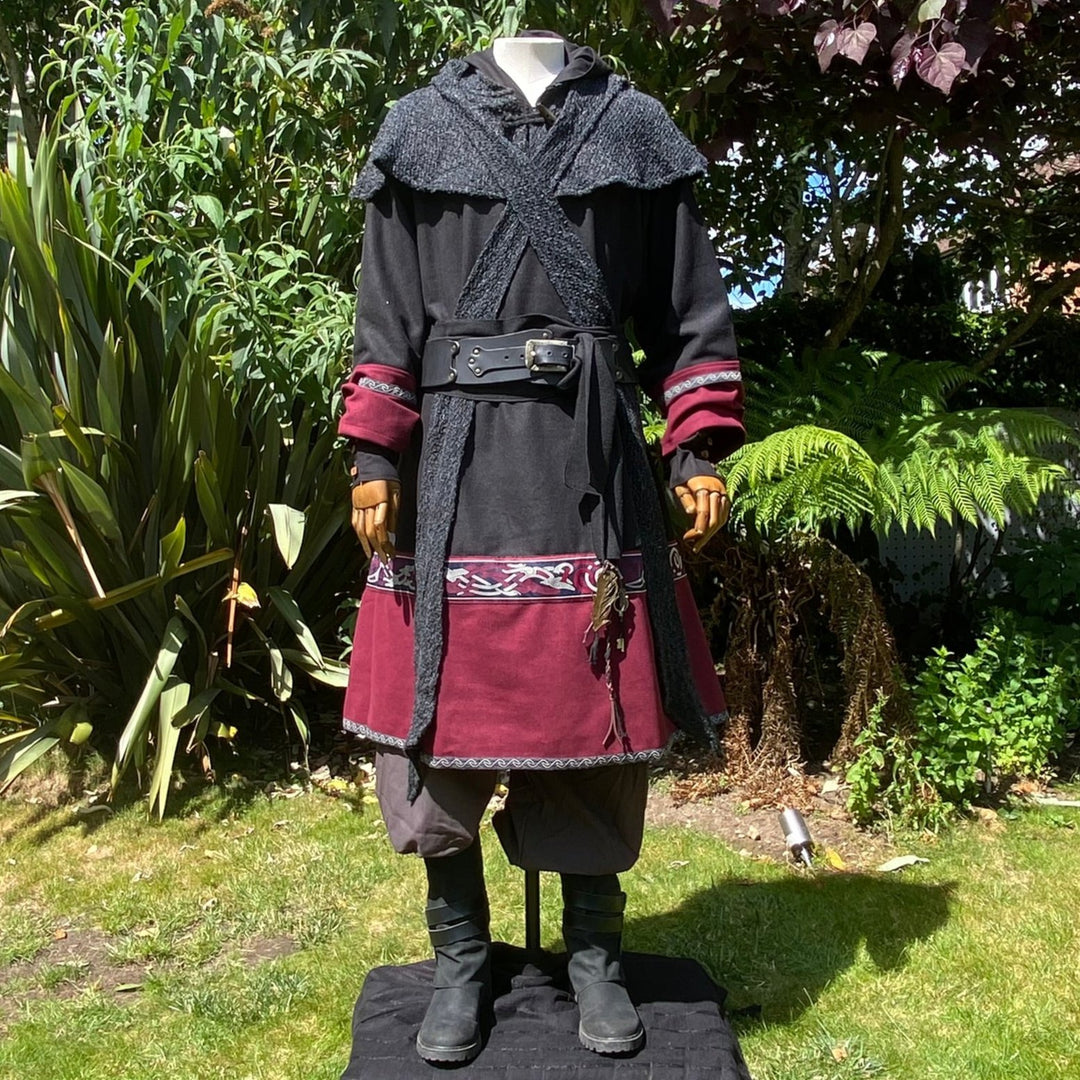 Dark Mage LARP costume set in black and maroon, featuring cloak and tunic.
