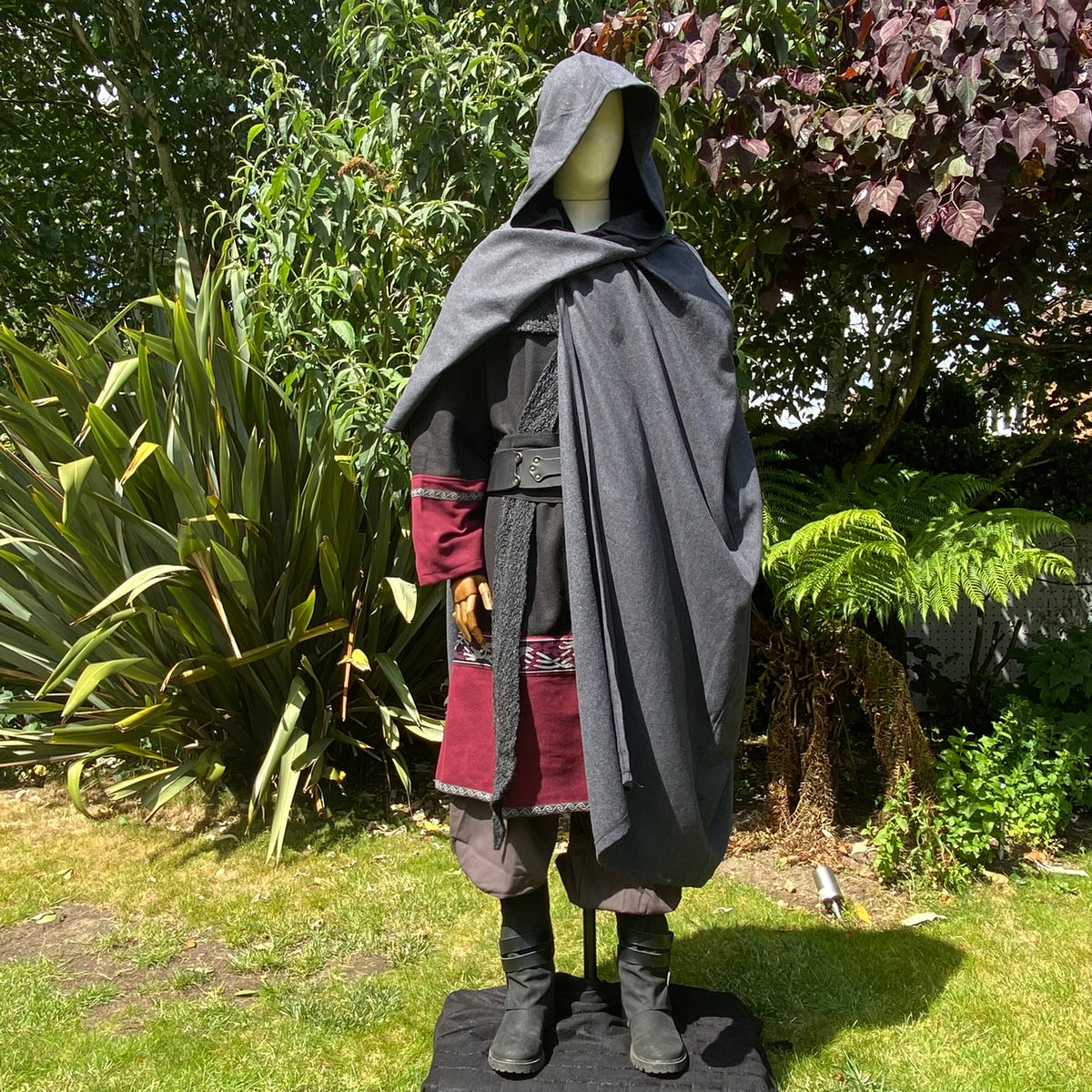 Dark Mage LARP costume set with grey cloak, burgundy tunic, hood, and belt.