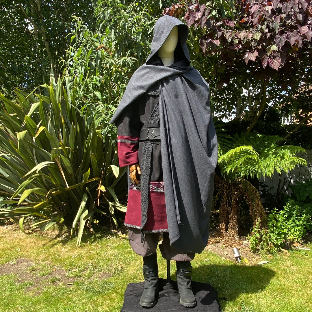 Dark Mage LARP costume set with grey cloak, burgundy tunic, hood, and belt.