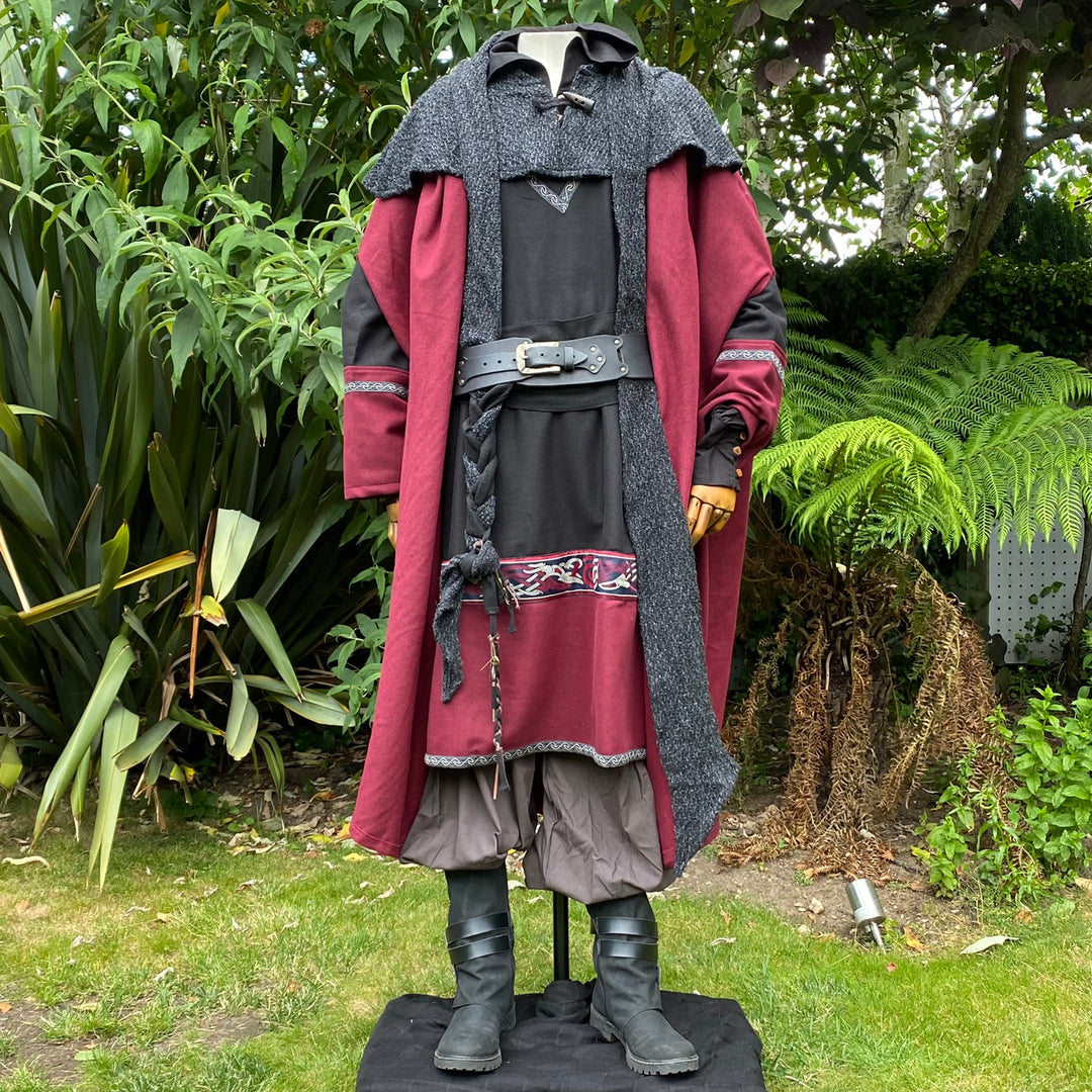 Medieval LARP outfit with maroon cloak, grey accents, and boots.