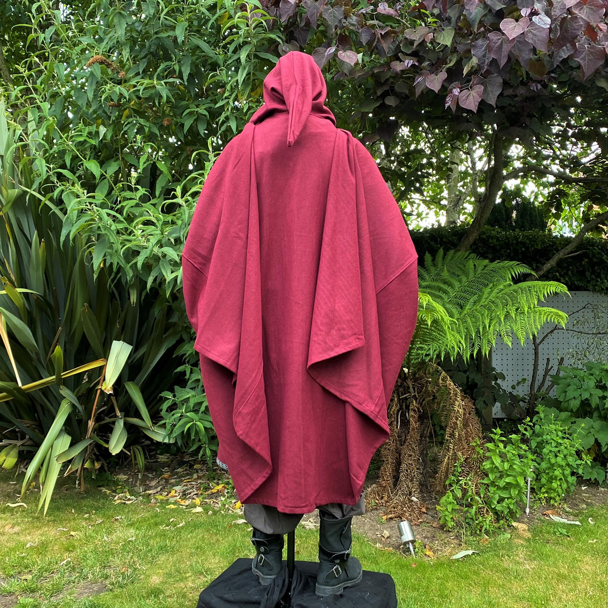 Medieval LARP outfit back view, red cloak draped over hood.