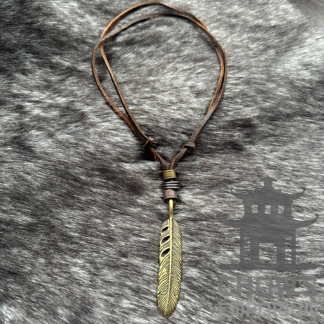 Brown leather necklace with bronze feather pendant for LARP.