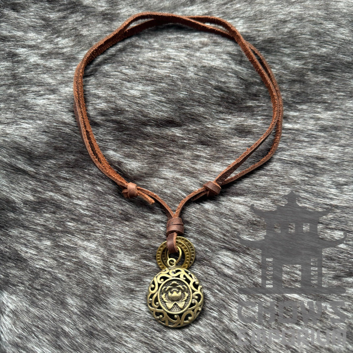 Brown leather Celtic rose necklace for LARP, with brass-look pendant.