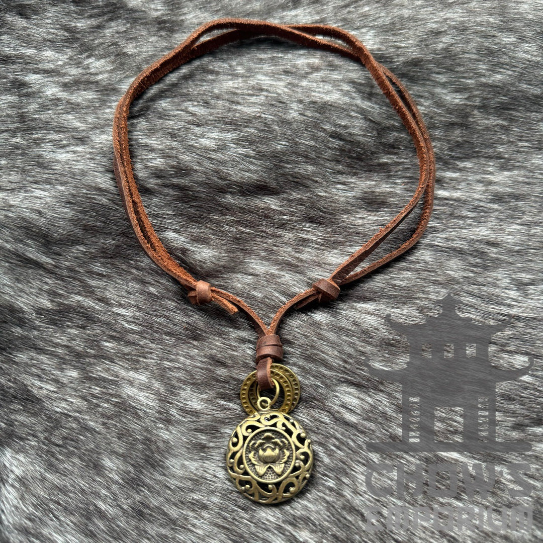 Brown leather Celtic rose necklace for LARP, with brass-look pendant.