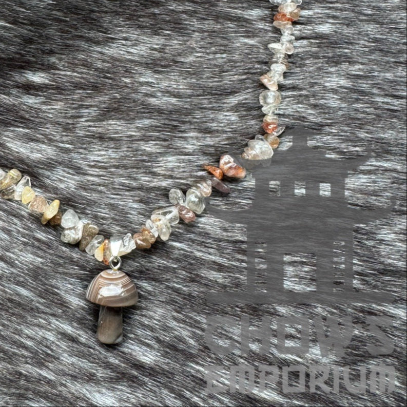 Brown polished quartz stone necklace with mushroom pendant for LARP events.