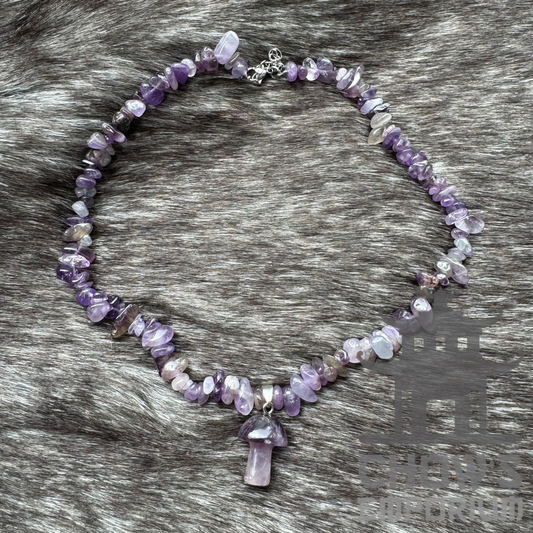 Purple amethyst polished stone LARP necklace with mushroom pendant.