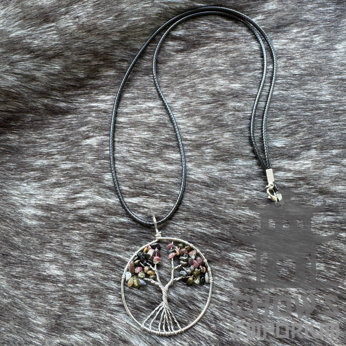 Rose-tone Tree of Life pendant with stones on black cord for medieval LARP.