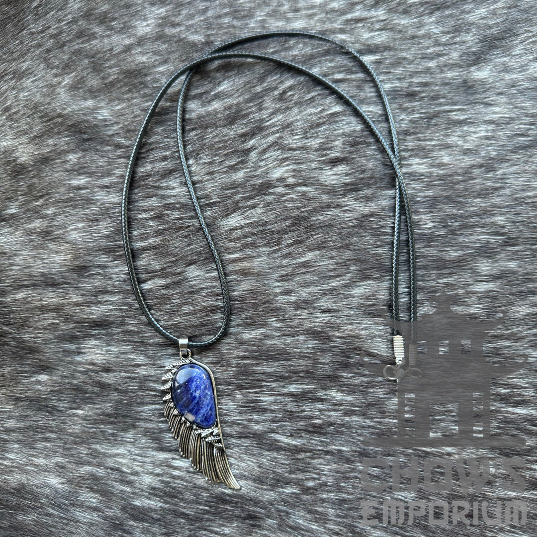 Blue Lapis Lazuli and feather pendant necklace on leather cord for LARP events.