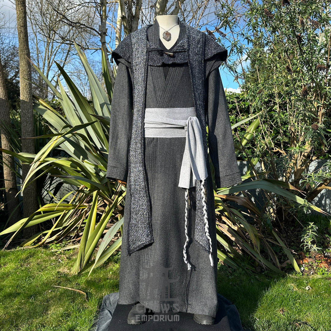 Grey herringbone robe with hood and sash, medieval LARP outfit on mannequin.
