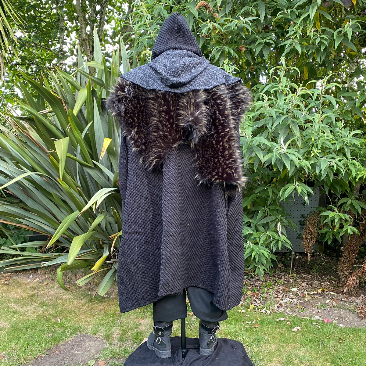 Back view of LARP outfit with hooded cloak and fur mantle.