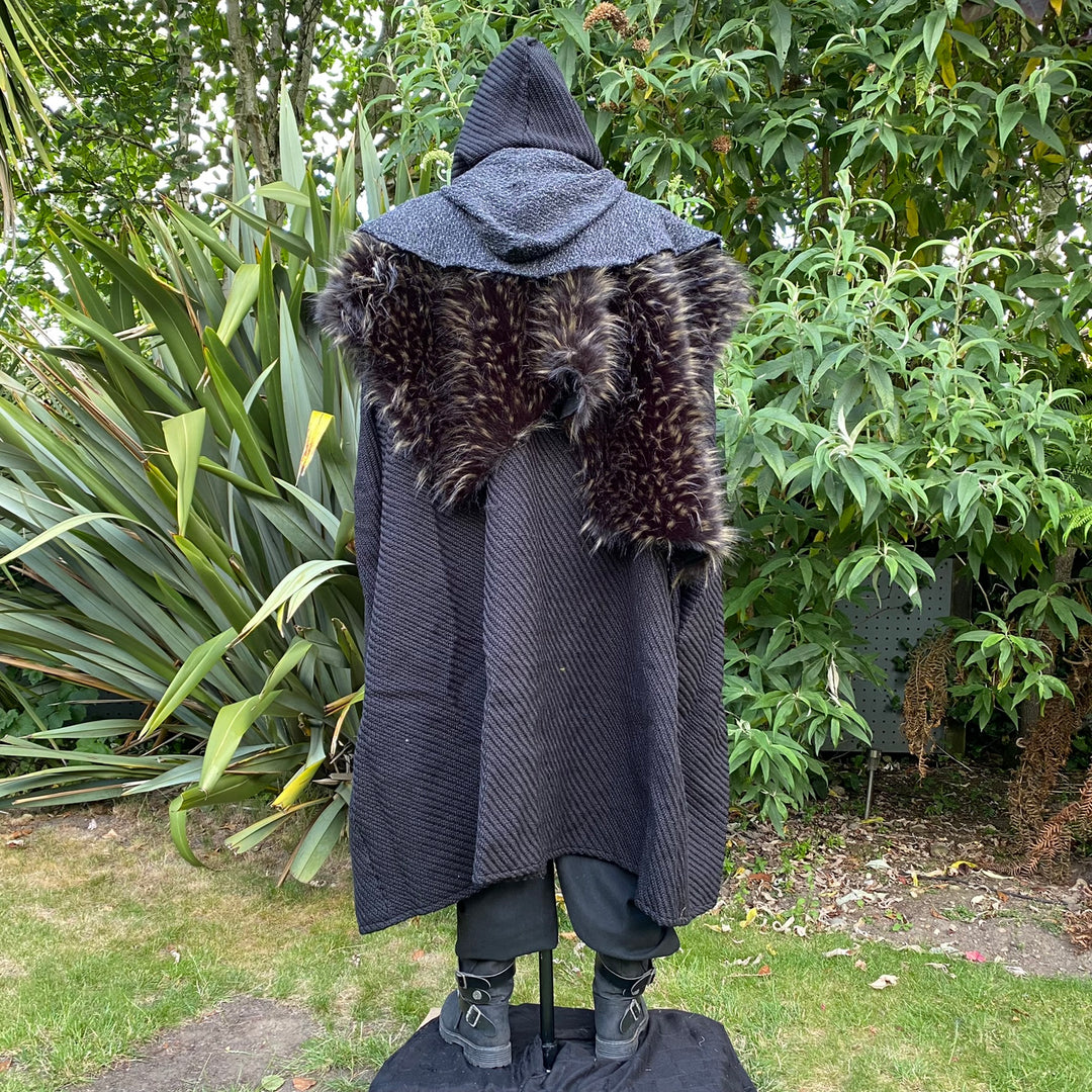 Back view of LARP outfit with hooded cloak and fur mantle.