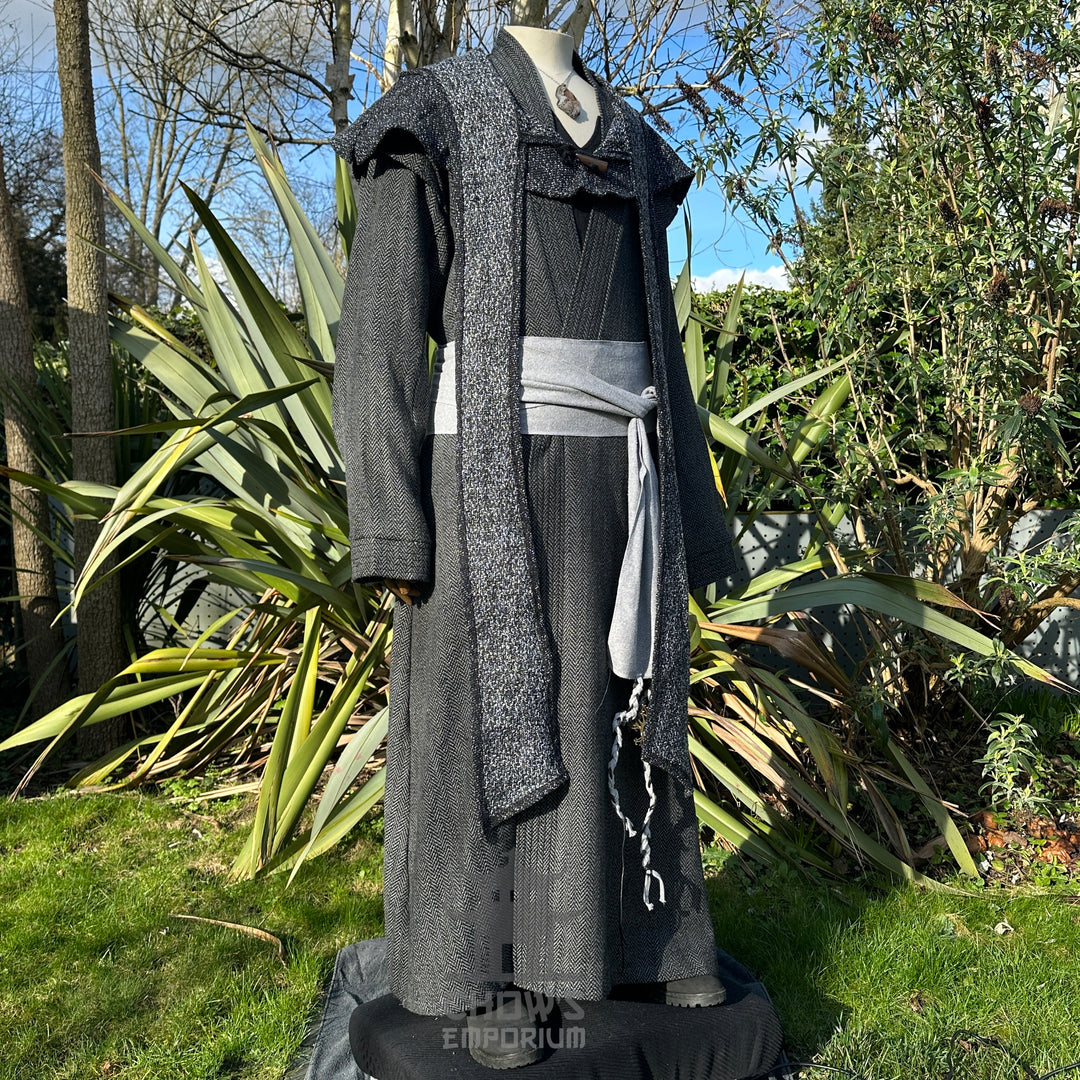 Grey herringbone robe with hood and sash for medieval LARP, side view.