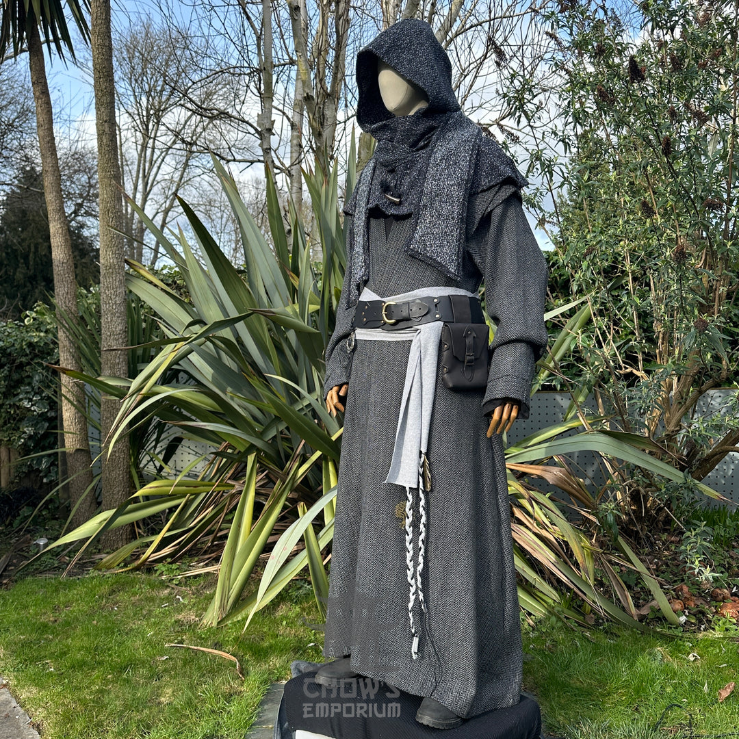 Grey herringbone medieval LARP robe, hood, and sash.