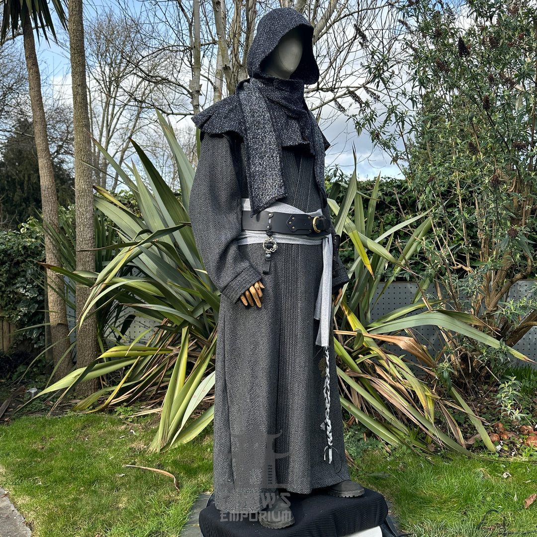 Grey herringbone robe with hood and sash, medieval LARP attire.