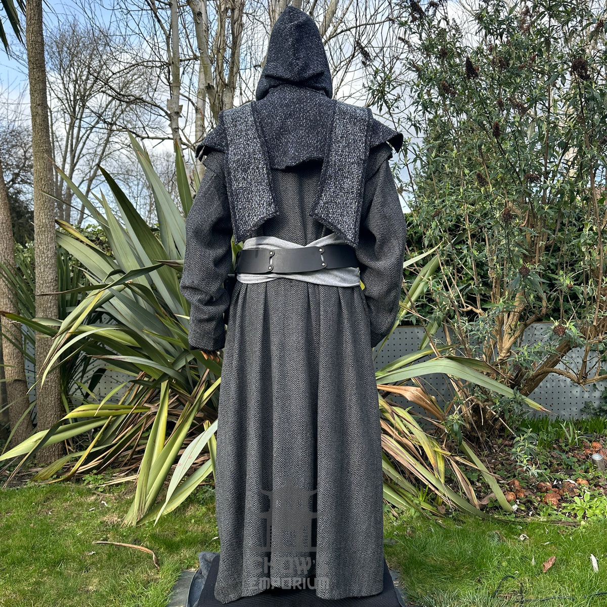 LARP medieval mage outfit, grey herringbone robe, hood, and sash from behind.