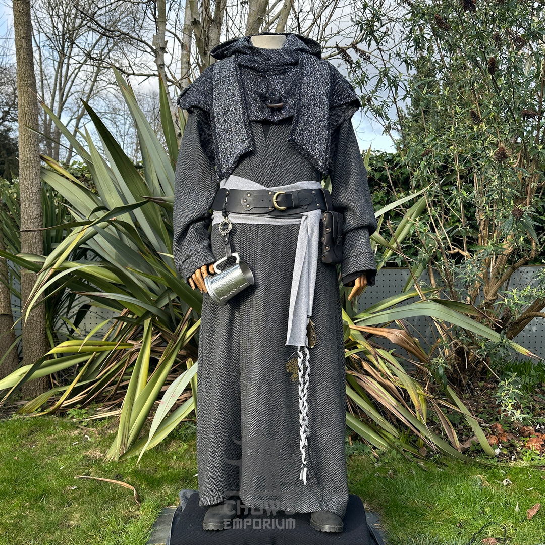 Medieval LARP mage outfit: grey herringbone robe, hood, sash displayed.