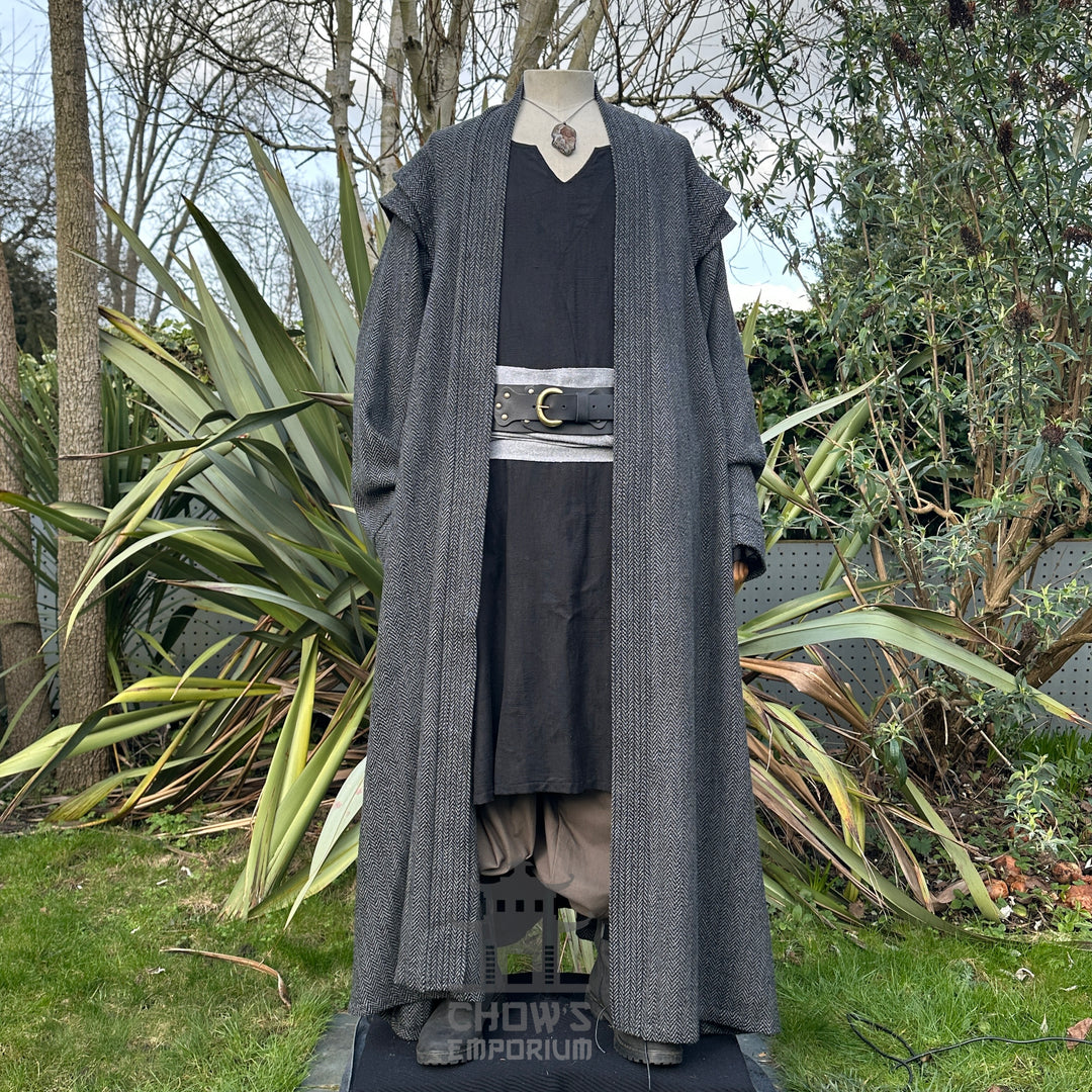 Grey herringbone robe with hood and sash for medieval LARP, front view.