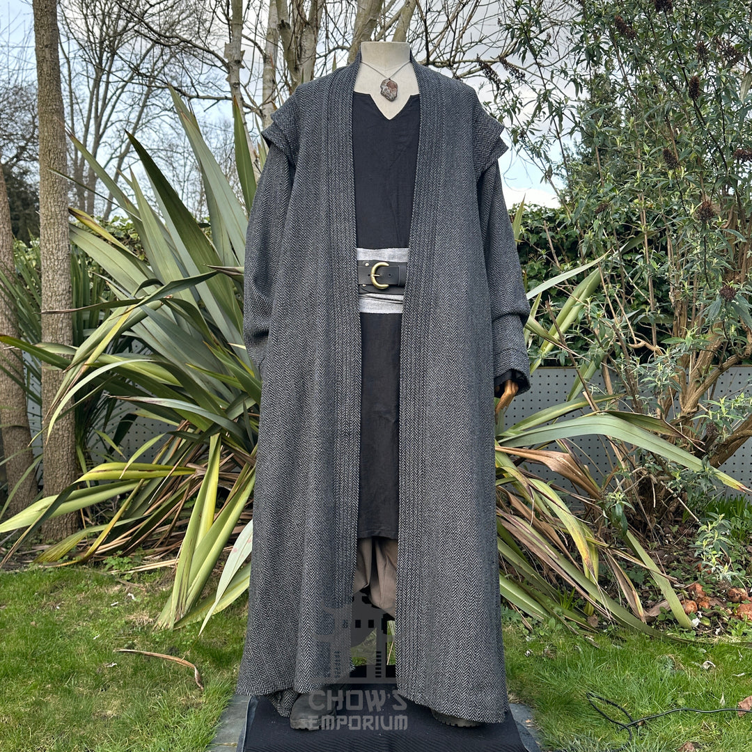 Noble robe in grey herringbone fabric, front view for LARP.