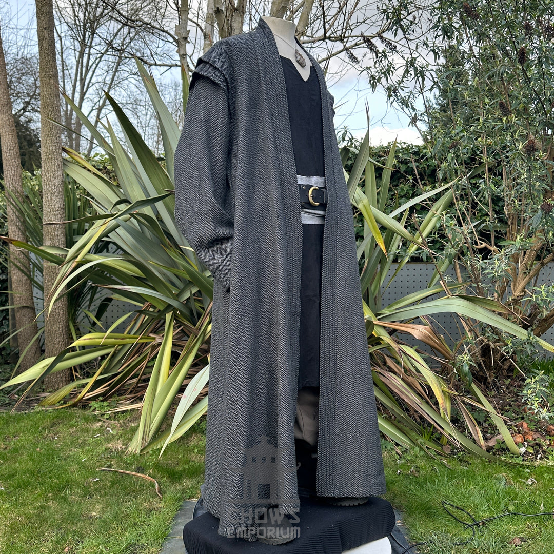Noble robe in grey herringbone for LARP, front view.