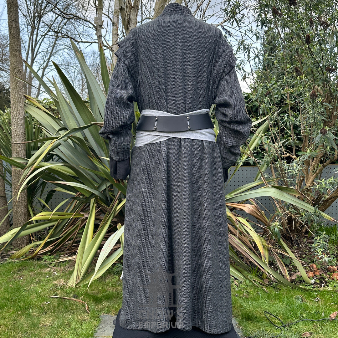 Grey herringbone noble robe, rear view, medieval style with belt for LARP.