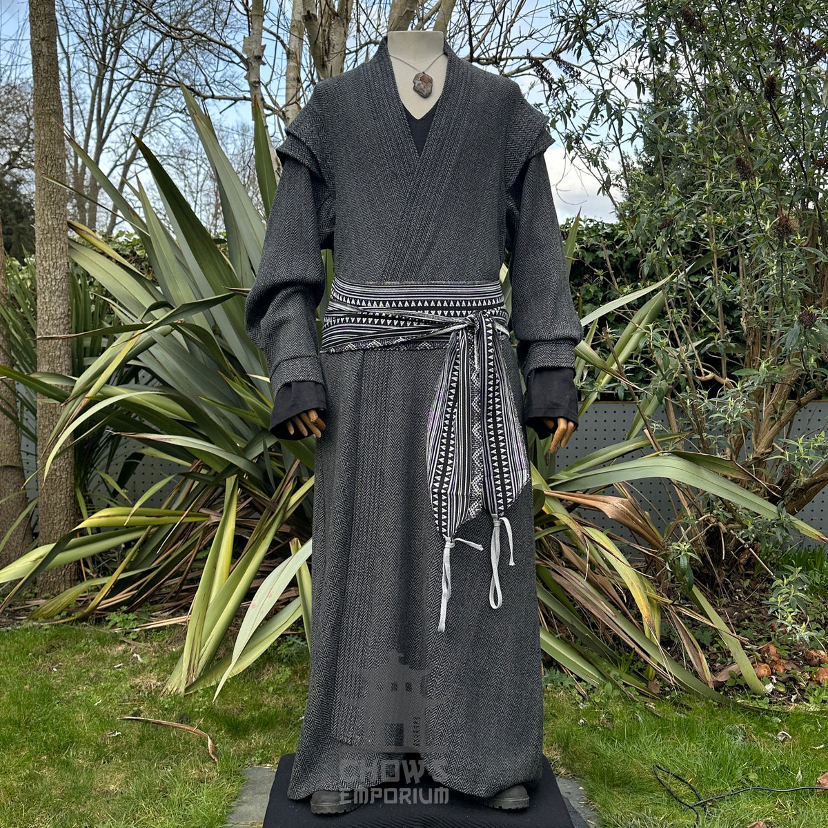 Noble robe in grey herringbone, full view, ideal for medieval LARP events.