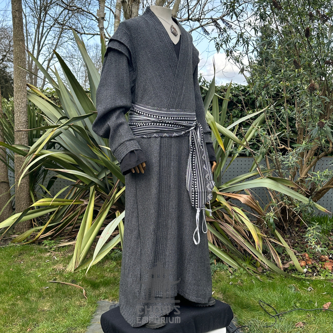 Noble grey herringbone robe for LARP, full-length view display.