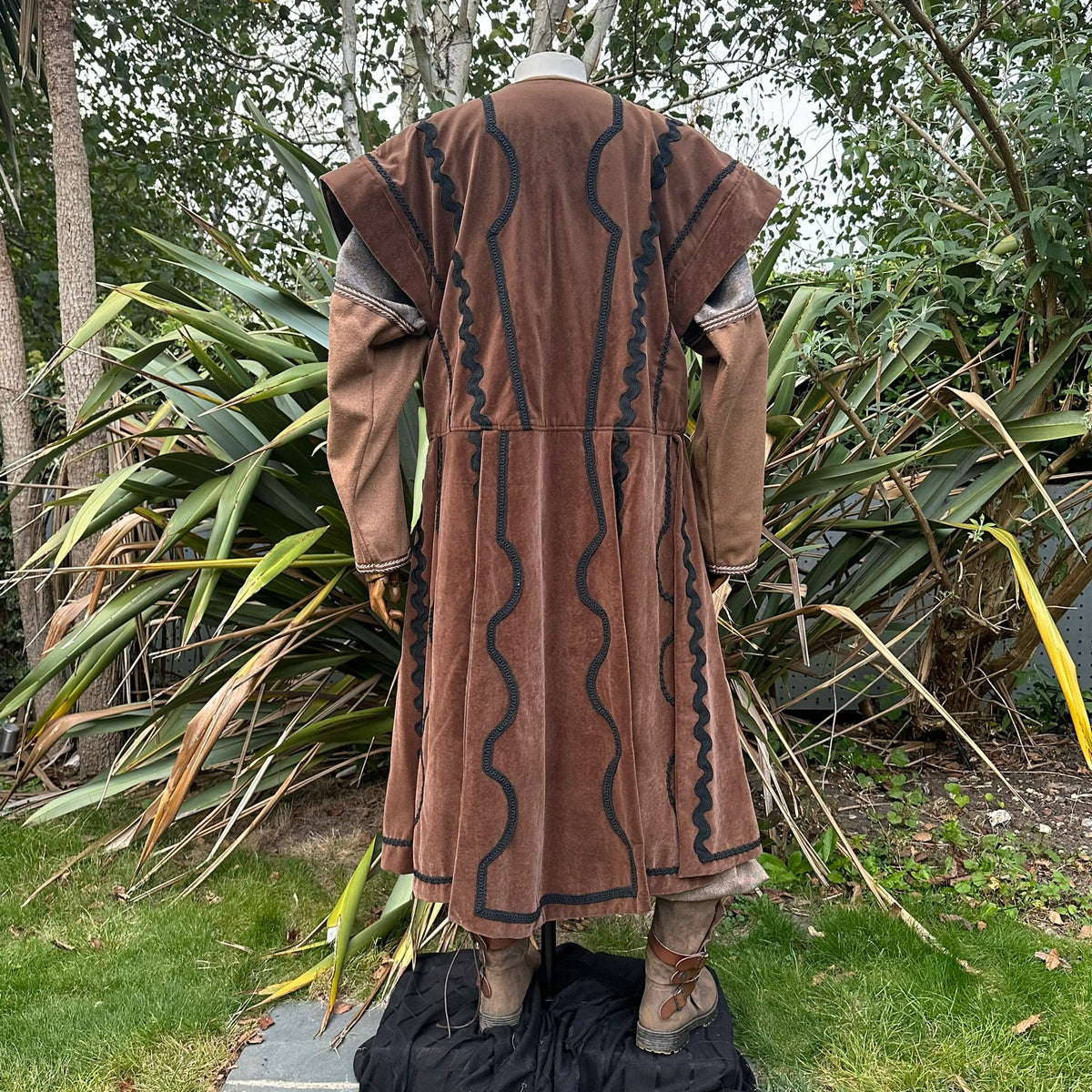 Back view of brown waistcoat with black trim for LARP medieval hunter.