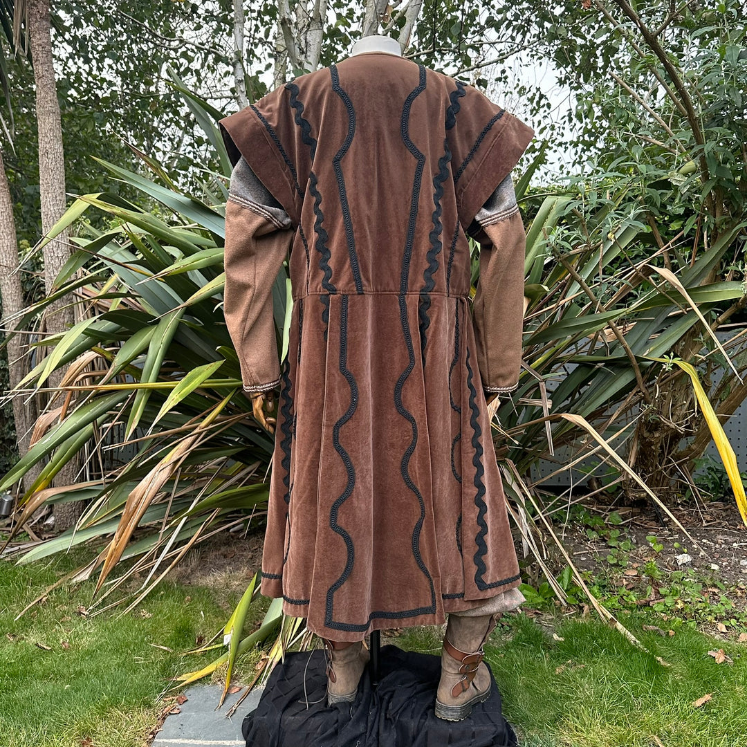 Back view of brown waistcoat with black trim for LARP medieval hunter.