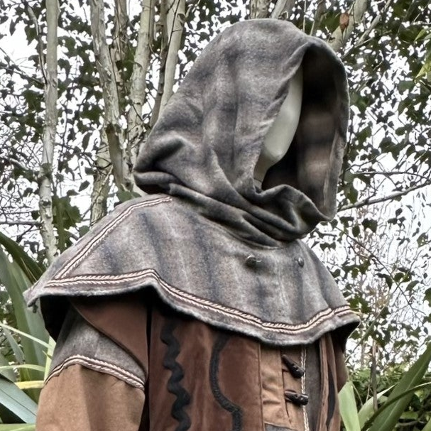 Brown and grey mohair snood hood with medieval LARP style, side view.