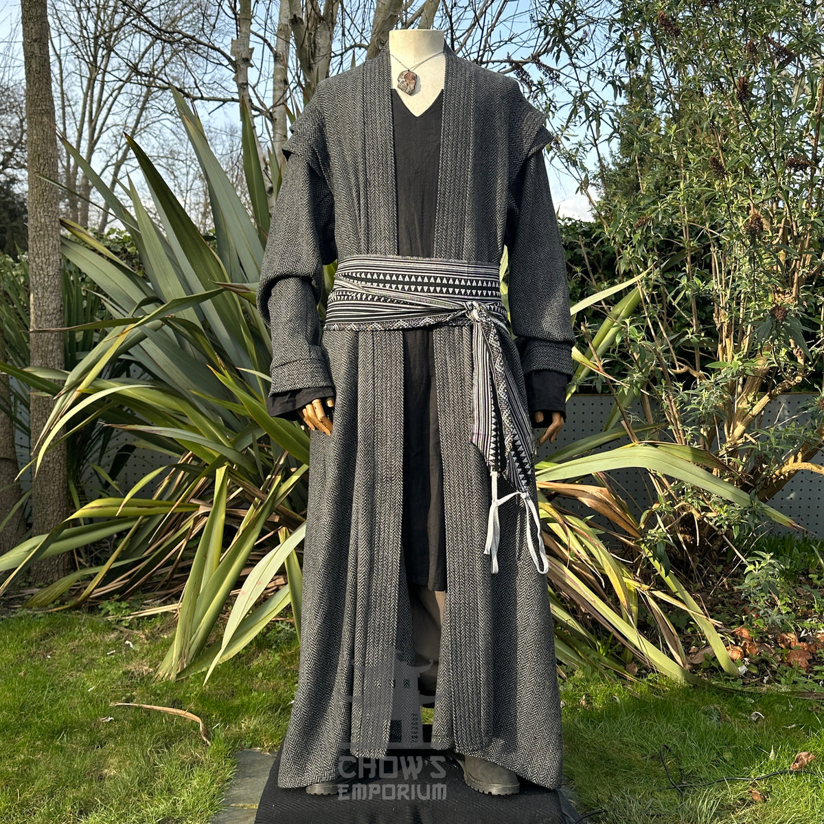 Noble robe in grey herringbone for medieval LARP, front view.