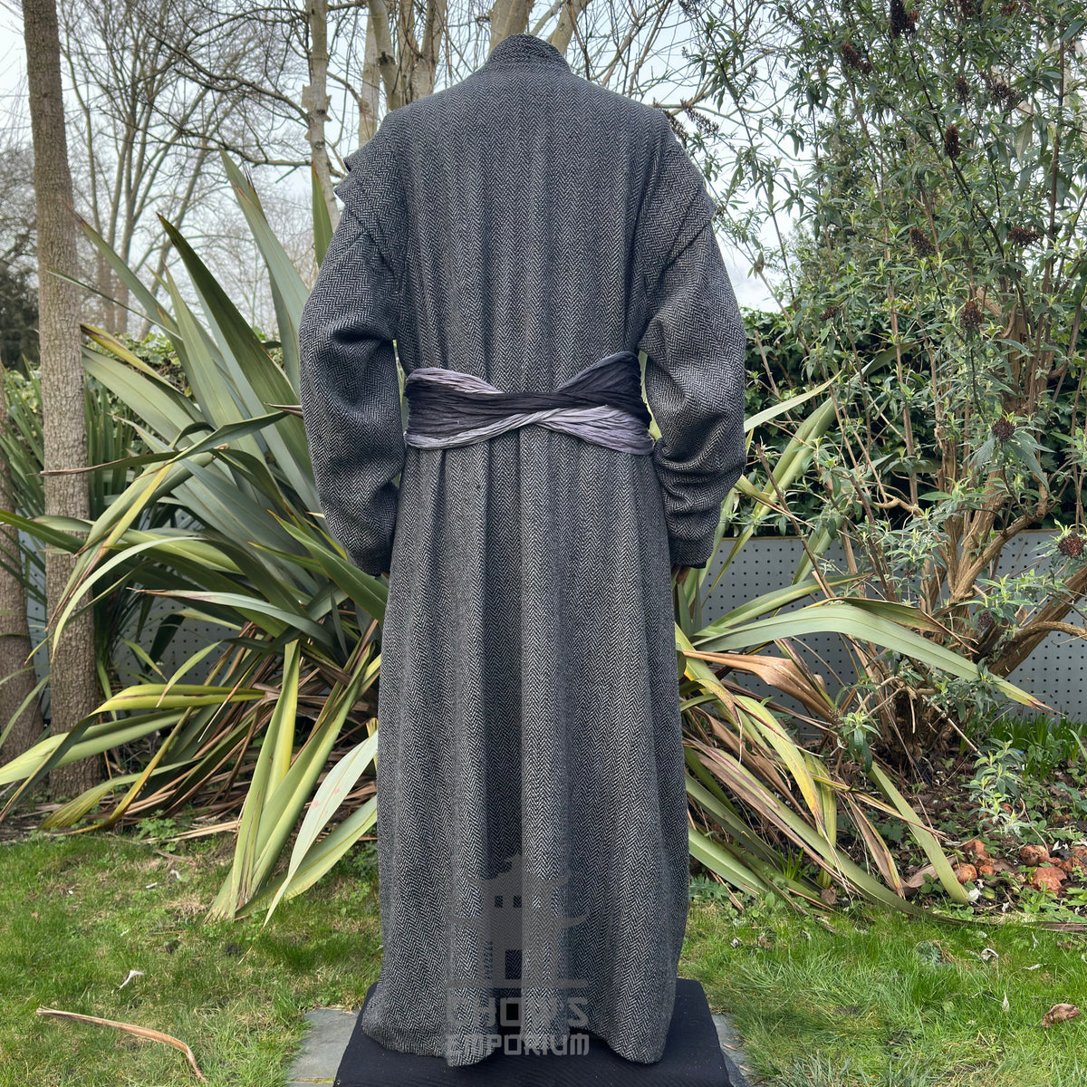 Noble grey herringbone robe, back view, for medieval LARP costume.