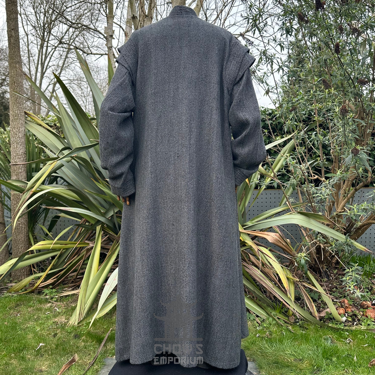 Back view of a grey herringbone noble robe in a medieval LARP style.