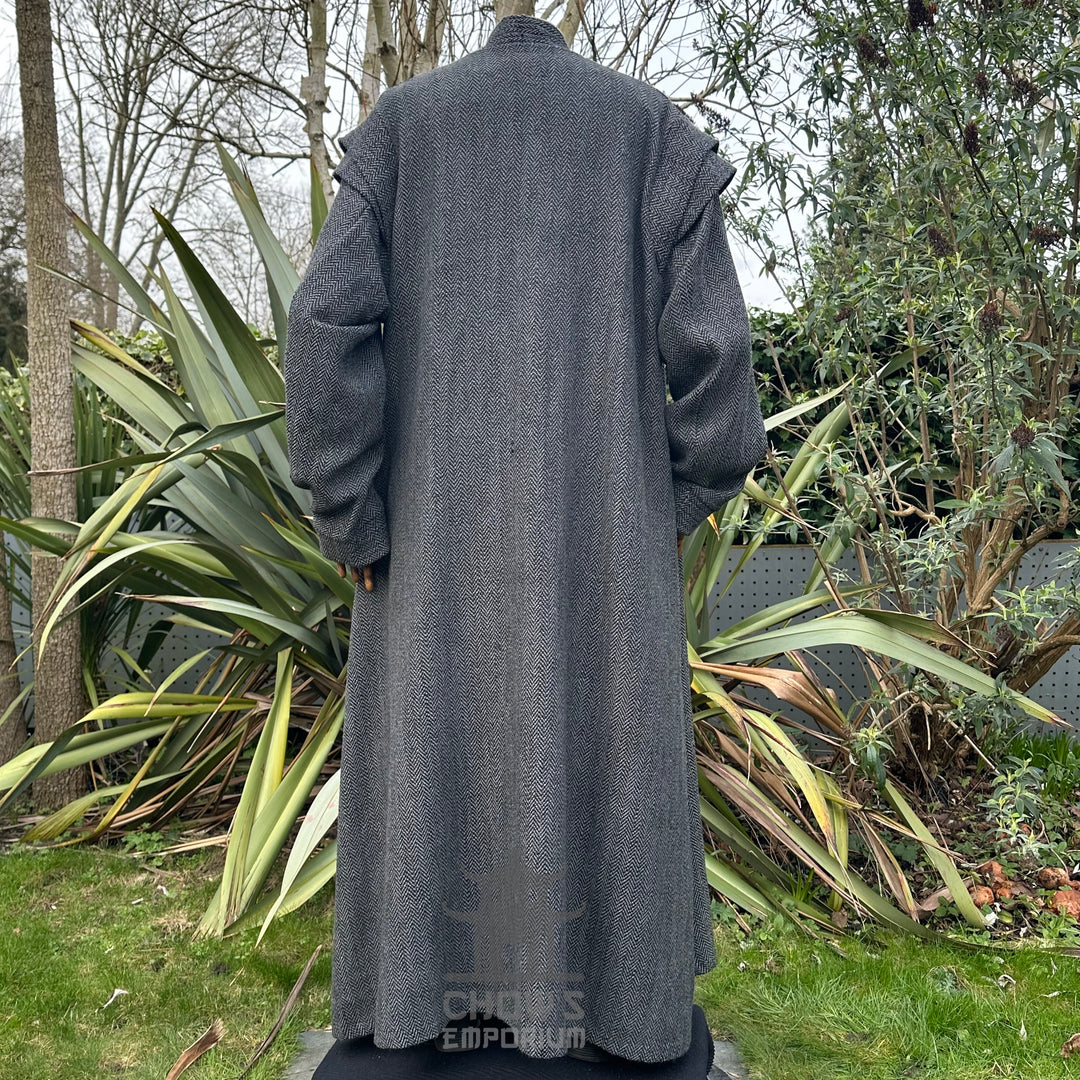 Back view of a grey herringbone noble robe in a medieval LARP style.