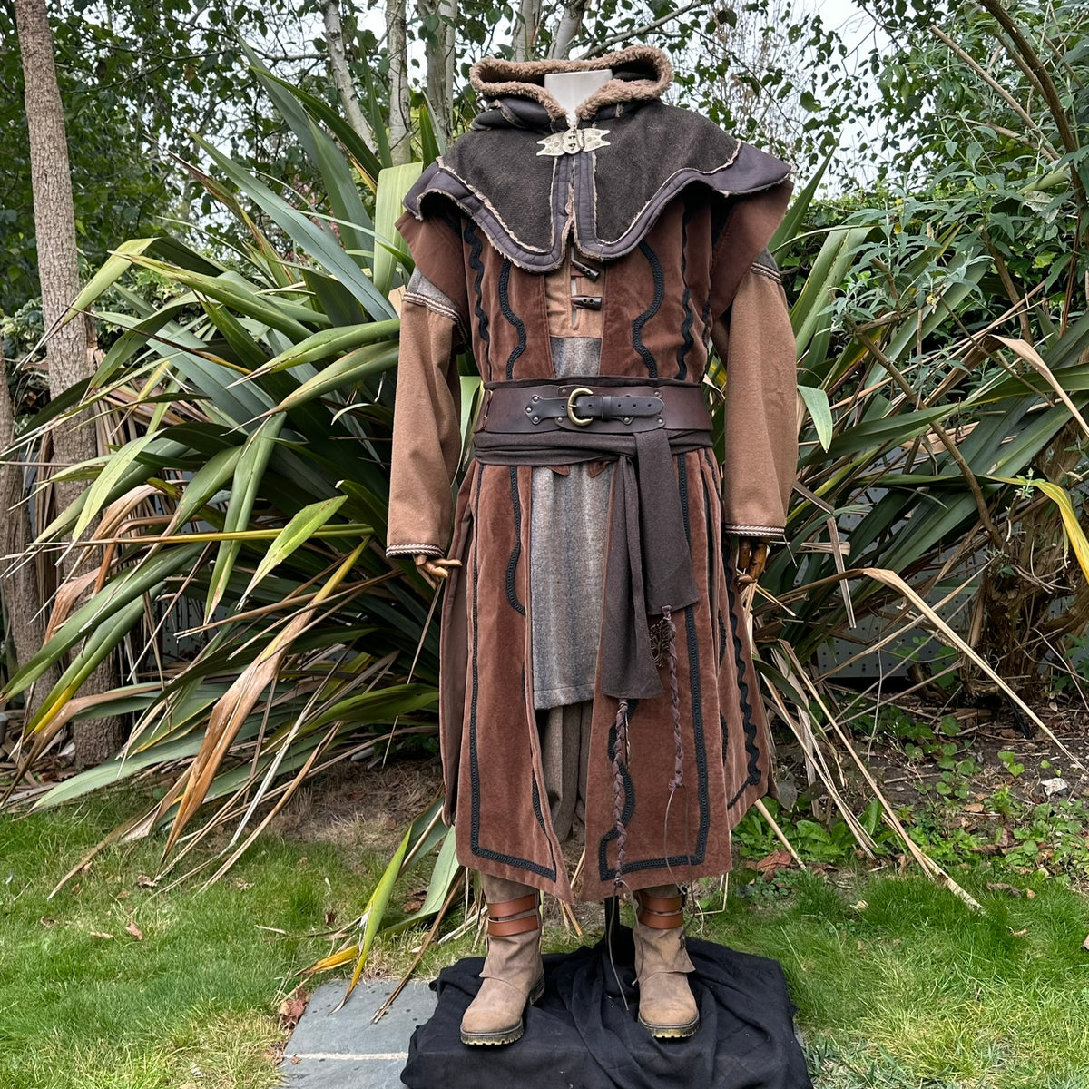 Medieval LARP dwarf outfit with layered hood, waistcoat, sash.