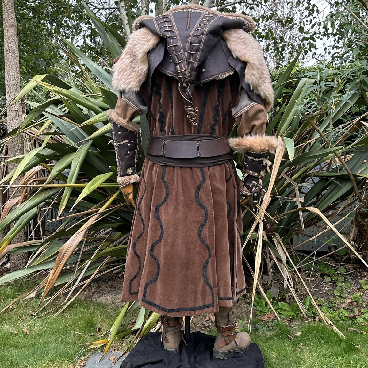 Brown LARP medieval outfit from back, ornate hood, fur detail.