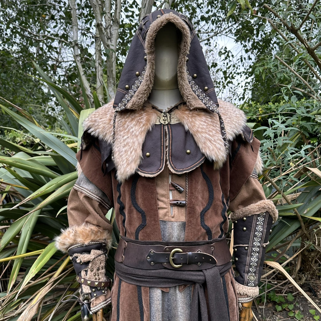 Viking LARP hood front view with fur trim and detailed brown leather accents.