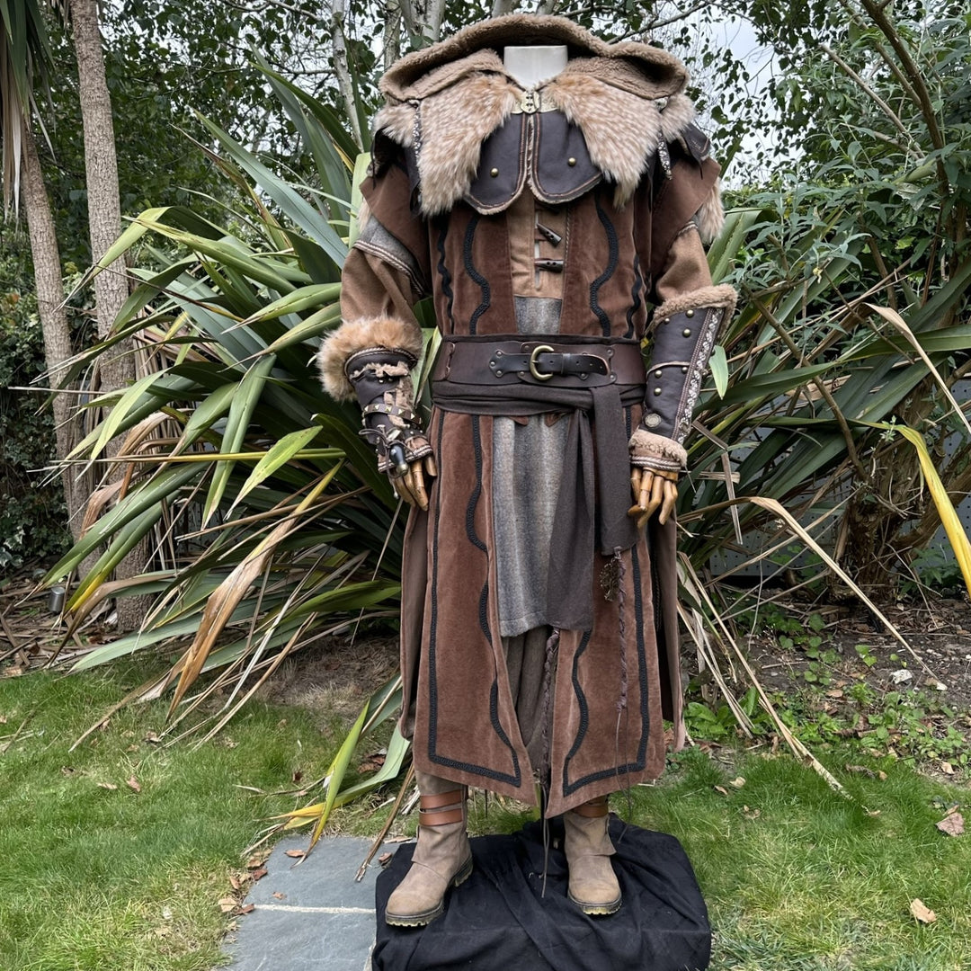 Mannequin wearing Dwarf Lord LARP outfit with fur-trimmed hood.